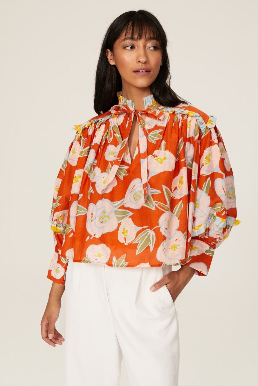 Carolina K Fiore Orange Floral Print Ruffle Tie Neck Cotton Balloon Sleeve Top M
